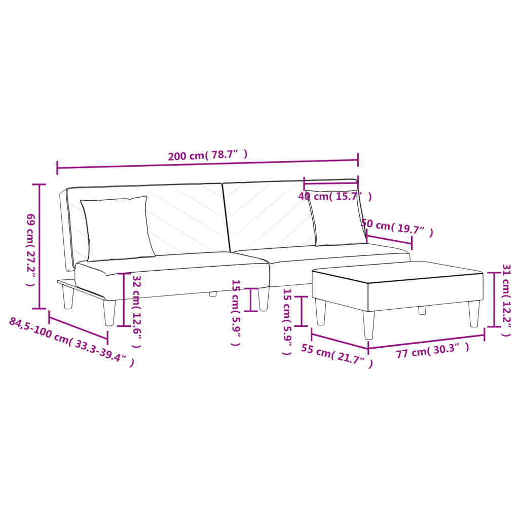 2 pcs conjunto de sofás com almofadas veludo cinzento-escuro