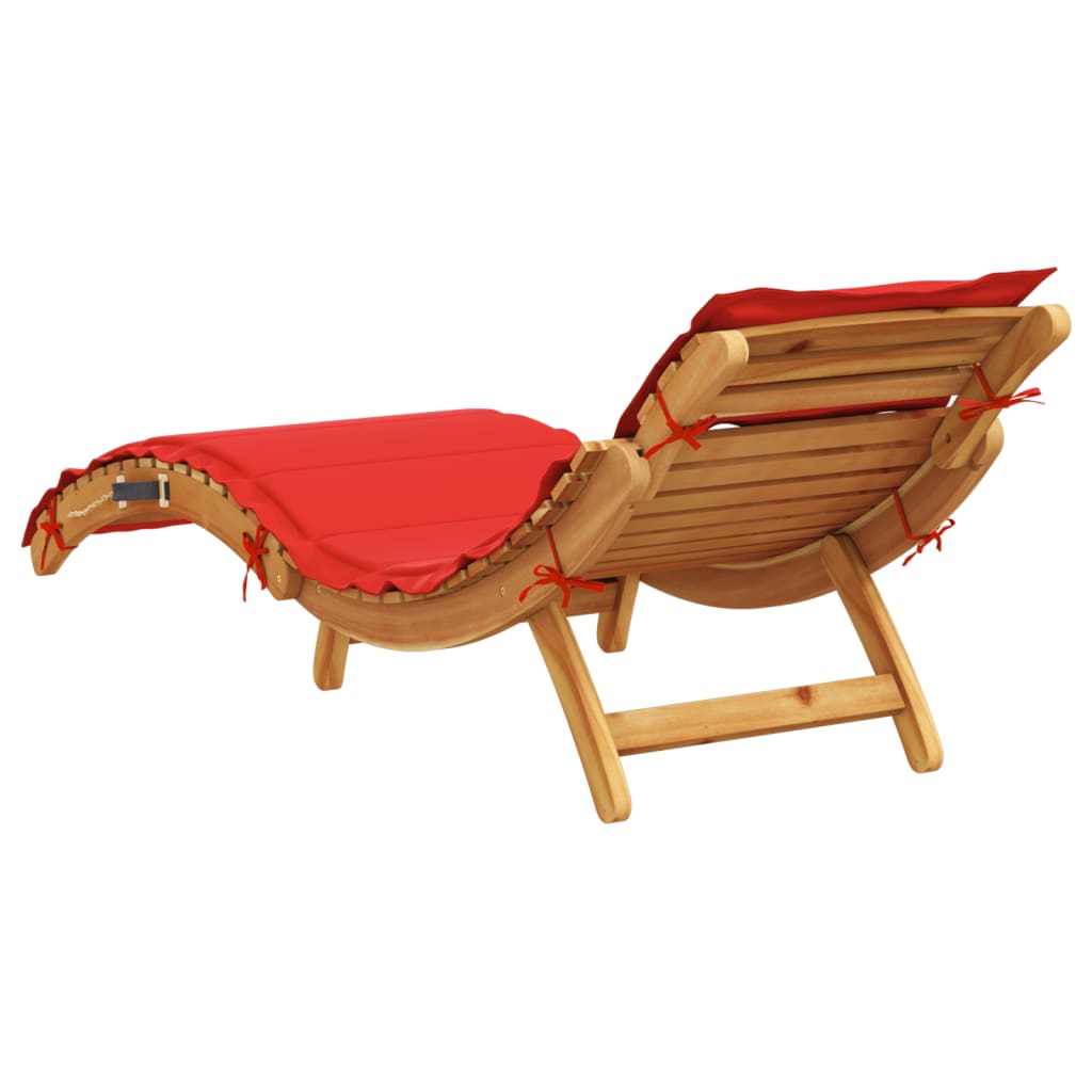 Sun lounger with cushion in solid acacia wood, red