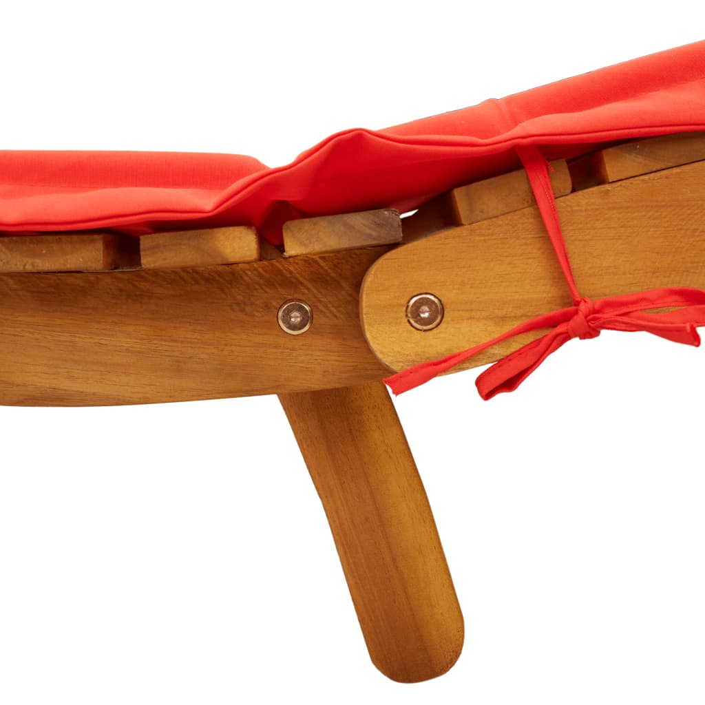 Sun lounger with cushion in solid acacia wood, red