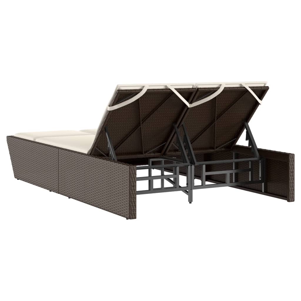 Double sun lounger with cushions in brown poly rattan