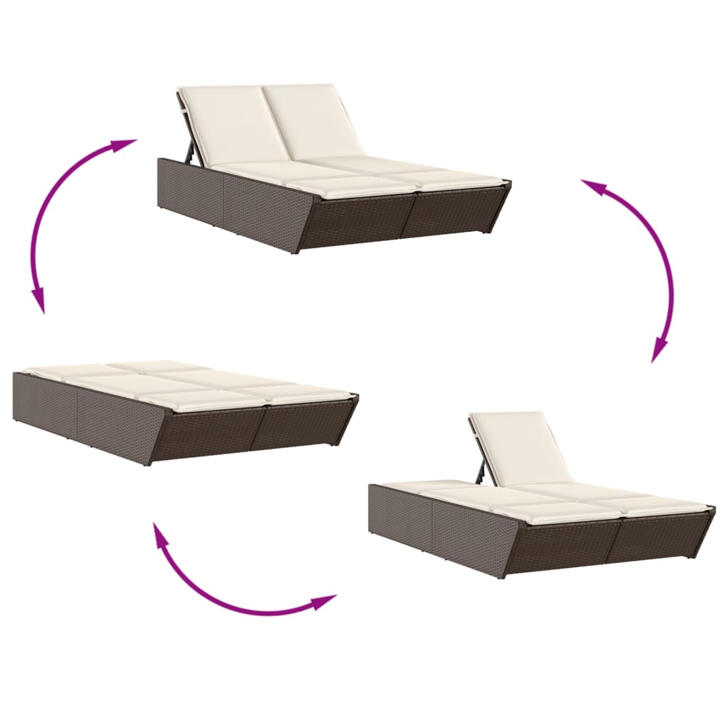 Double sun lounger with cushions in brown poly rattan