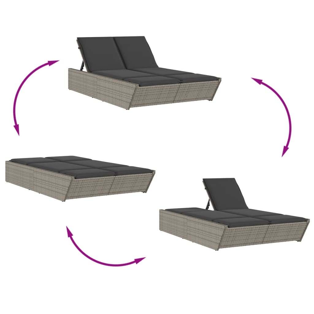 Double sun lounger with cushions in grey poly rattan