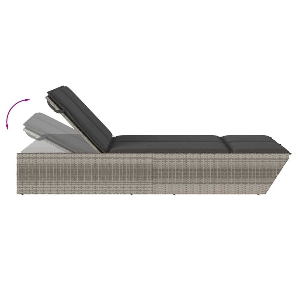 Double sun lounger with cushions in grey poly rattan