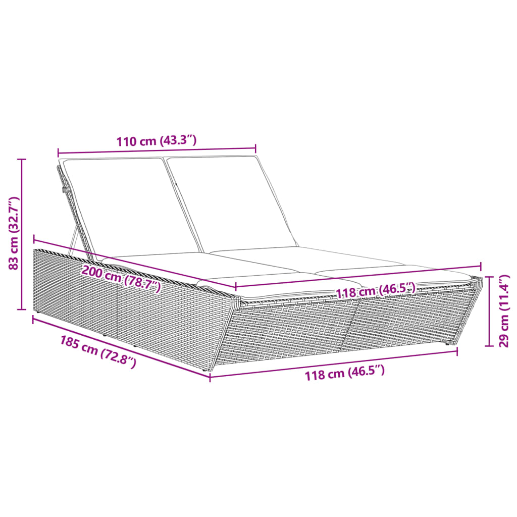 Double sun lounger with cushions in grey poly rattan