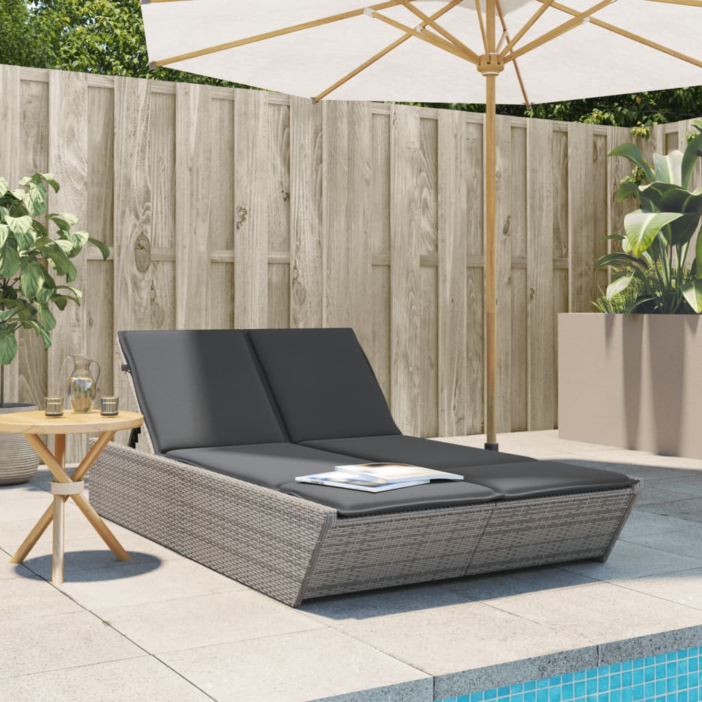 Double sun lounger with cushions in grey poly rattan