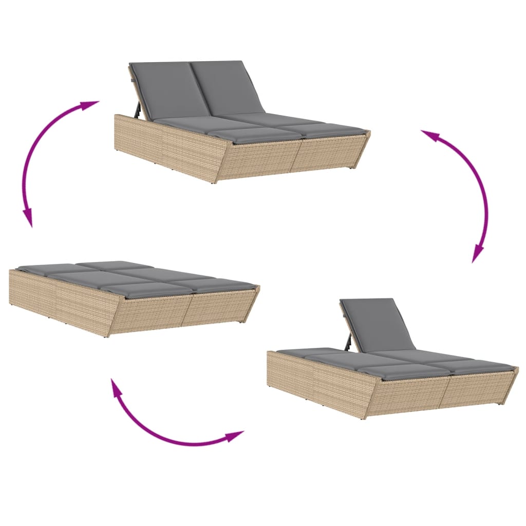 Double sun lounger with cushions in beige PE wicker