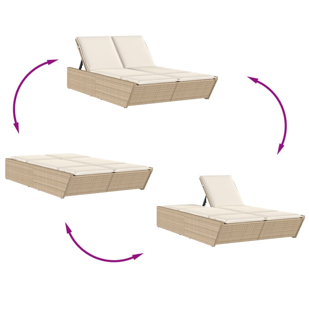 Double sun lounger with cushions in beige PE wicker