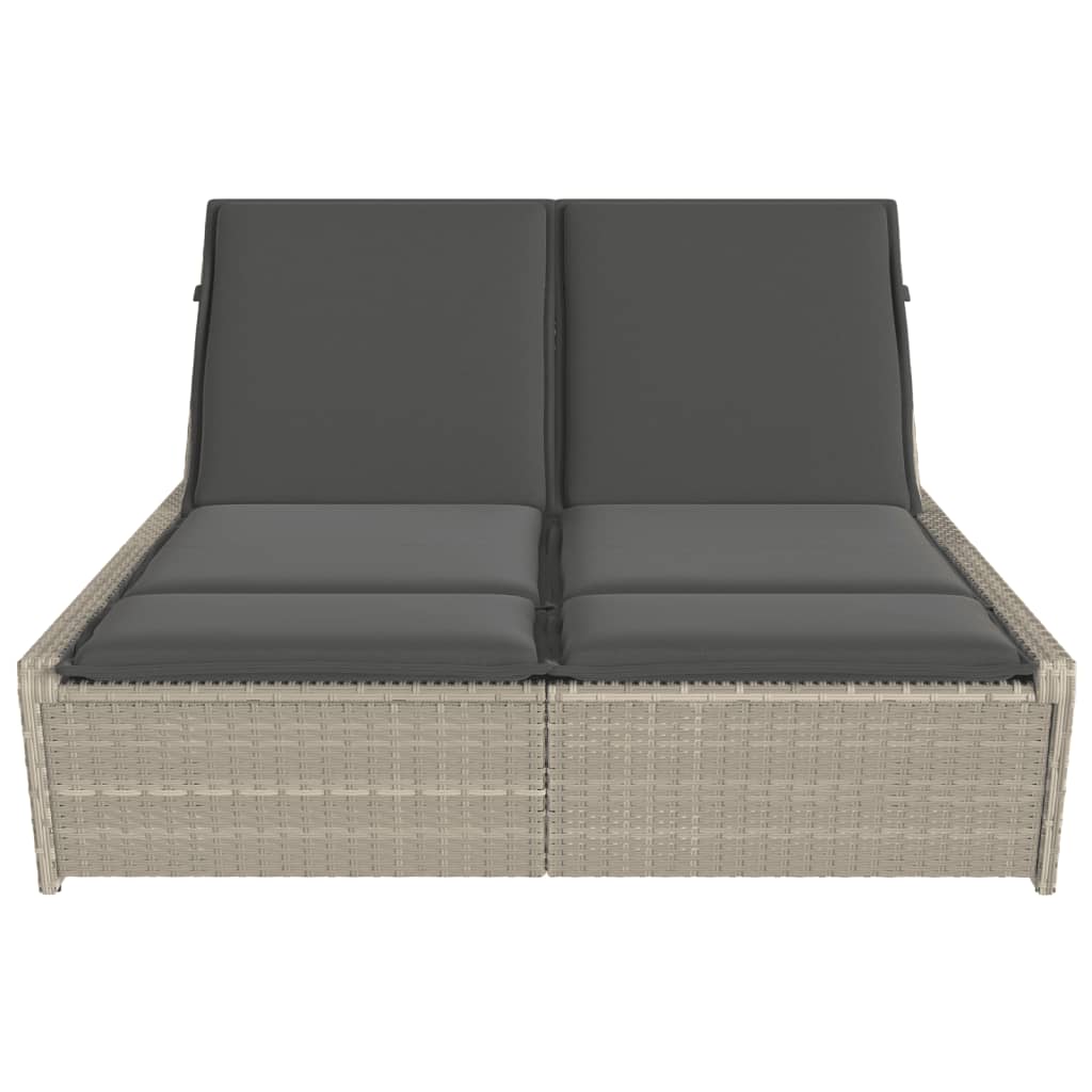 Double sun lounger with cushions in light grey poly rattan