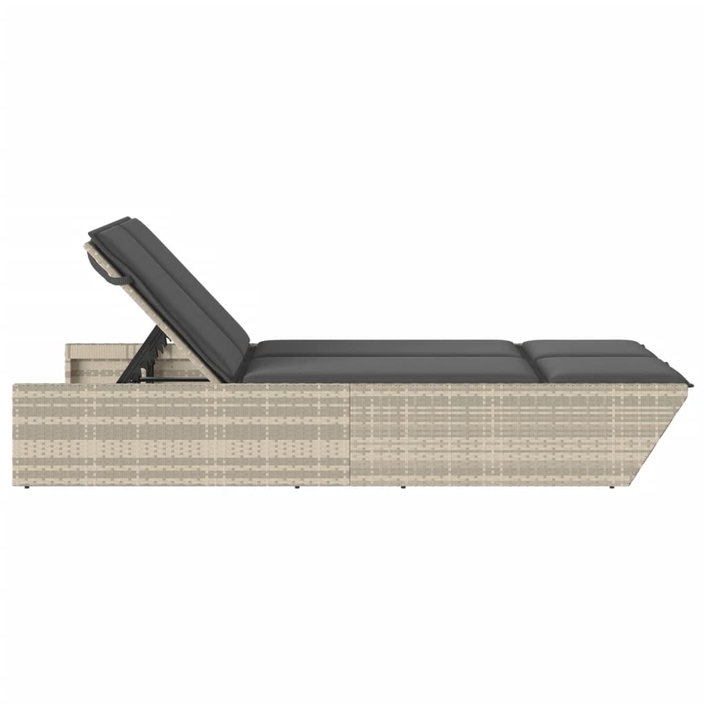 Double sun lounger with cushions in light grey poly rattan