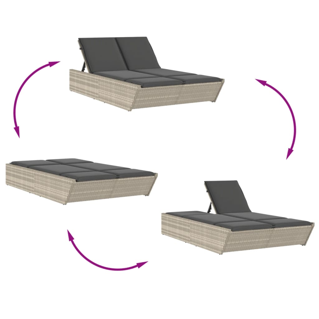 Double sun lounger with cushions in light grey poly rattan