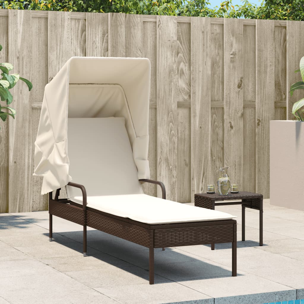 Sun lounger with canopy in brown PE wicker