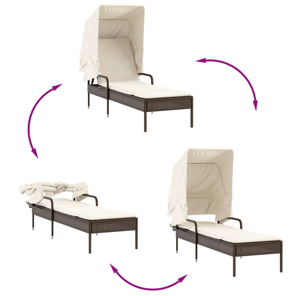 Sun lounger with canopy in brown PE wicker