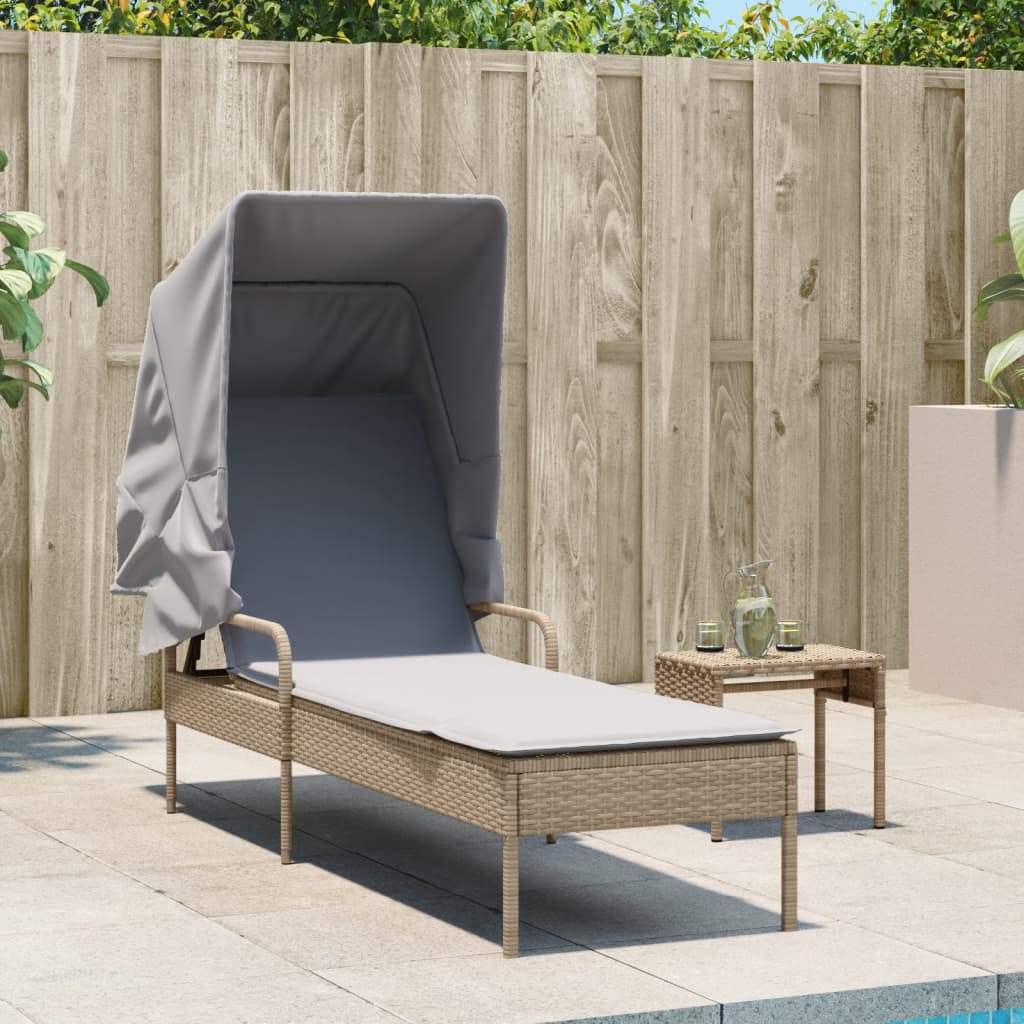 Sun lounger with canopy in PE wicker beige