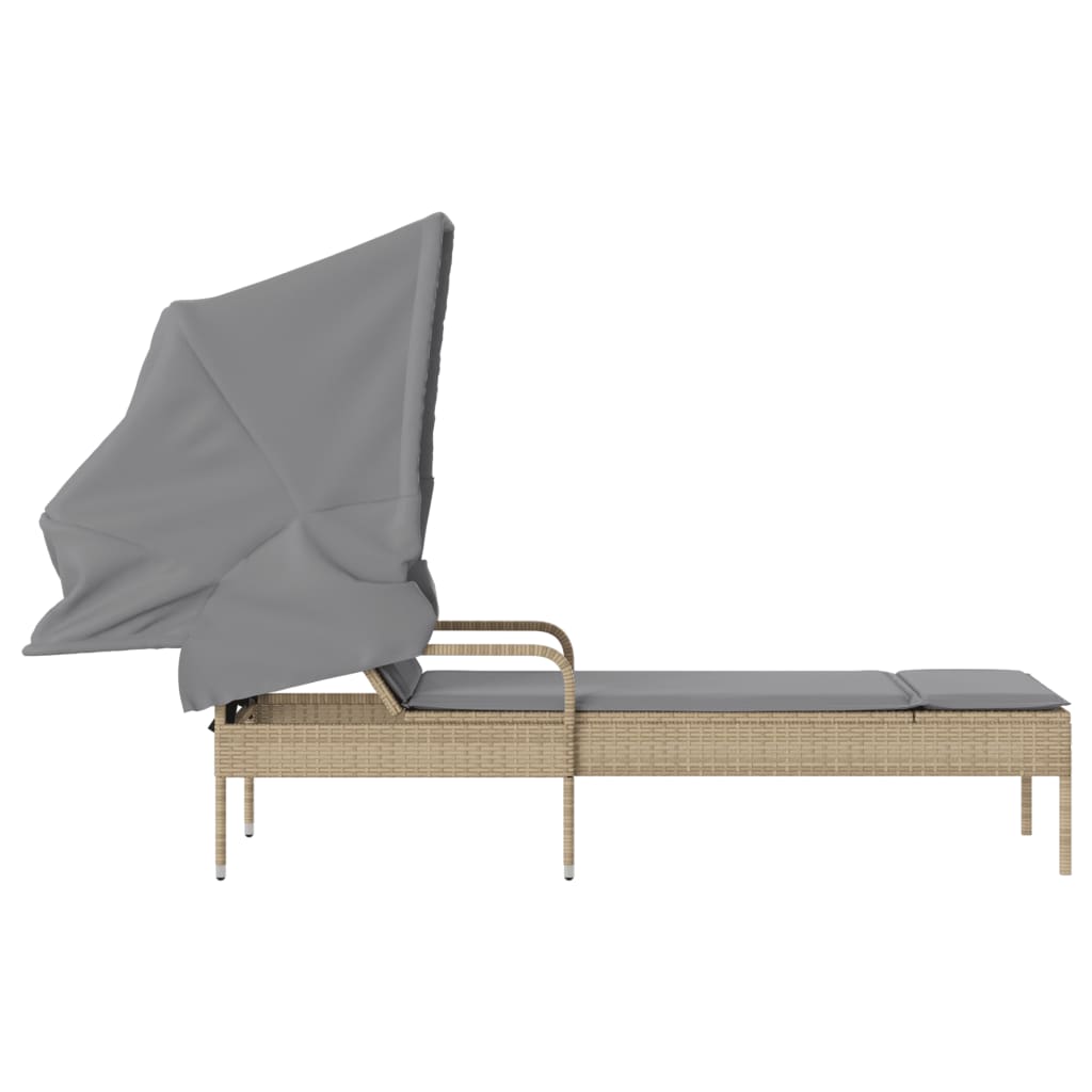 Sun lounger with canopy in PE wicker beige