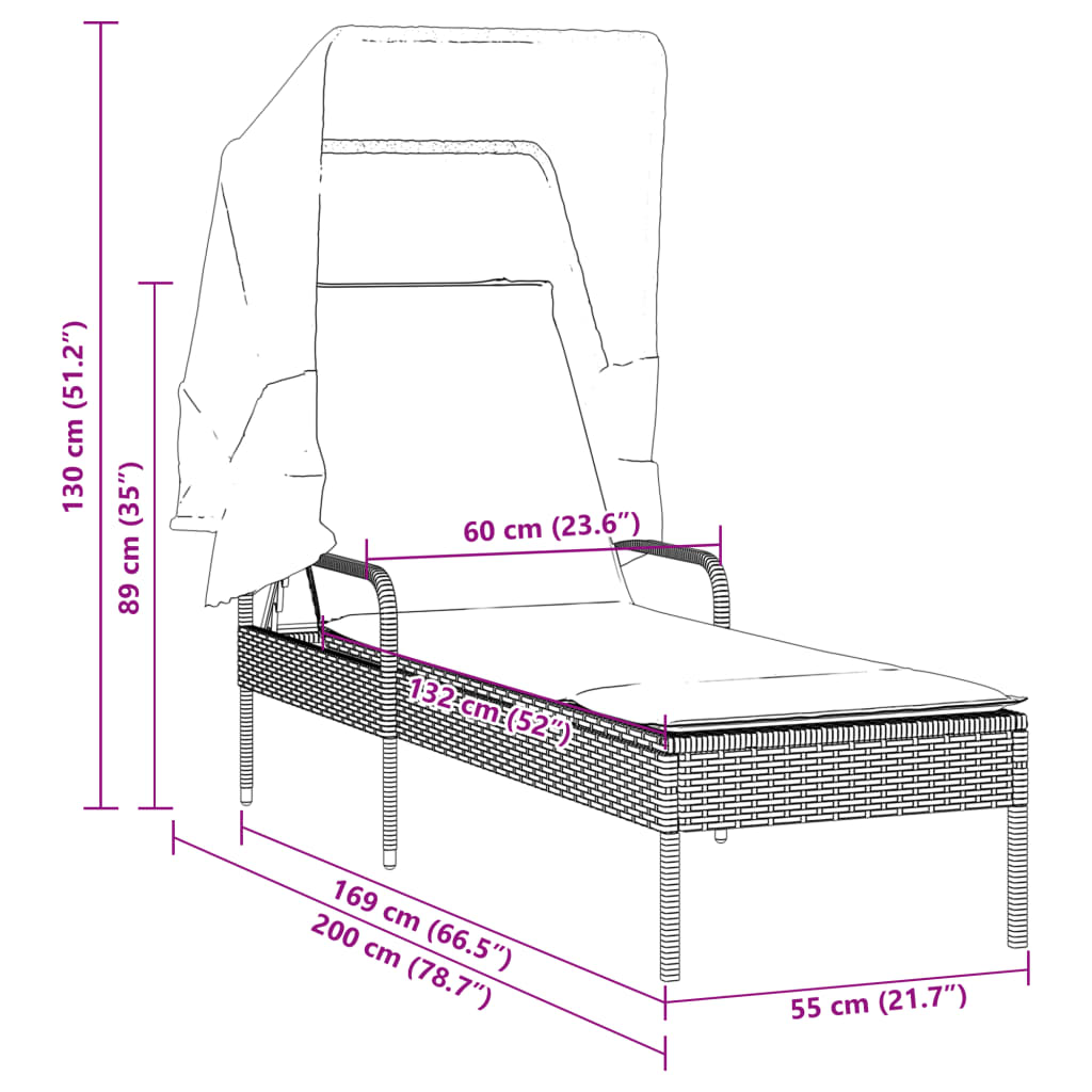 Sun lounger with canopy in PE wicker beige
