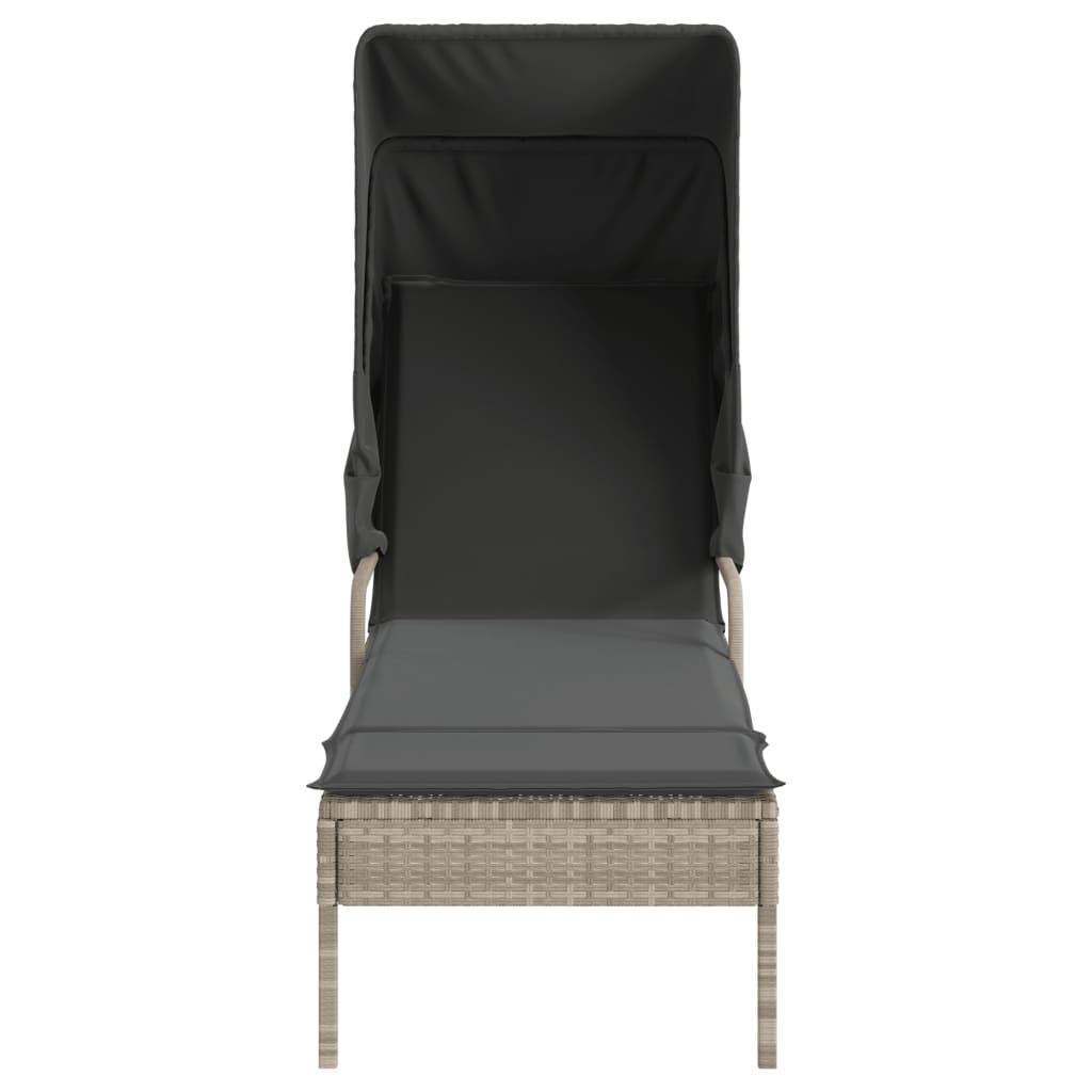 Sun lounger with canopy in light grey PE wicker