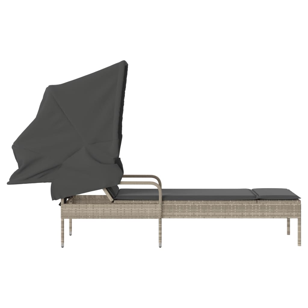 Sun lounger with canopy in light grey PE wicker