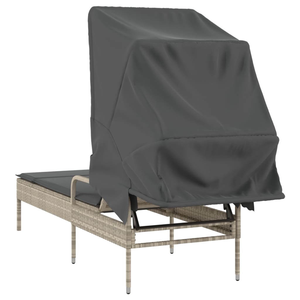 Sun lounger with canopy in light grey PE wicker