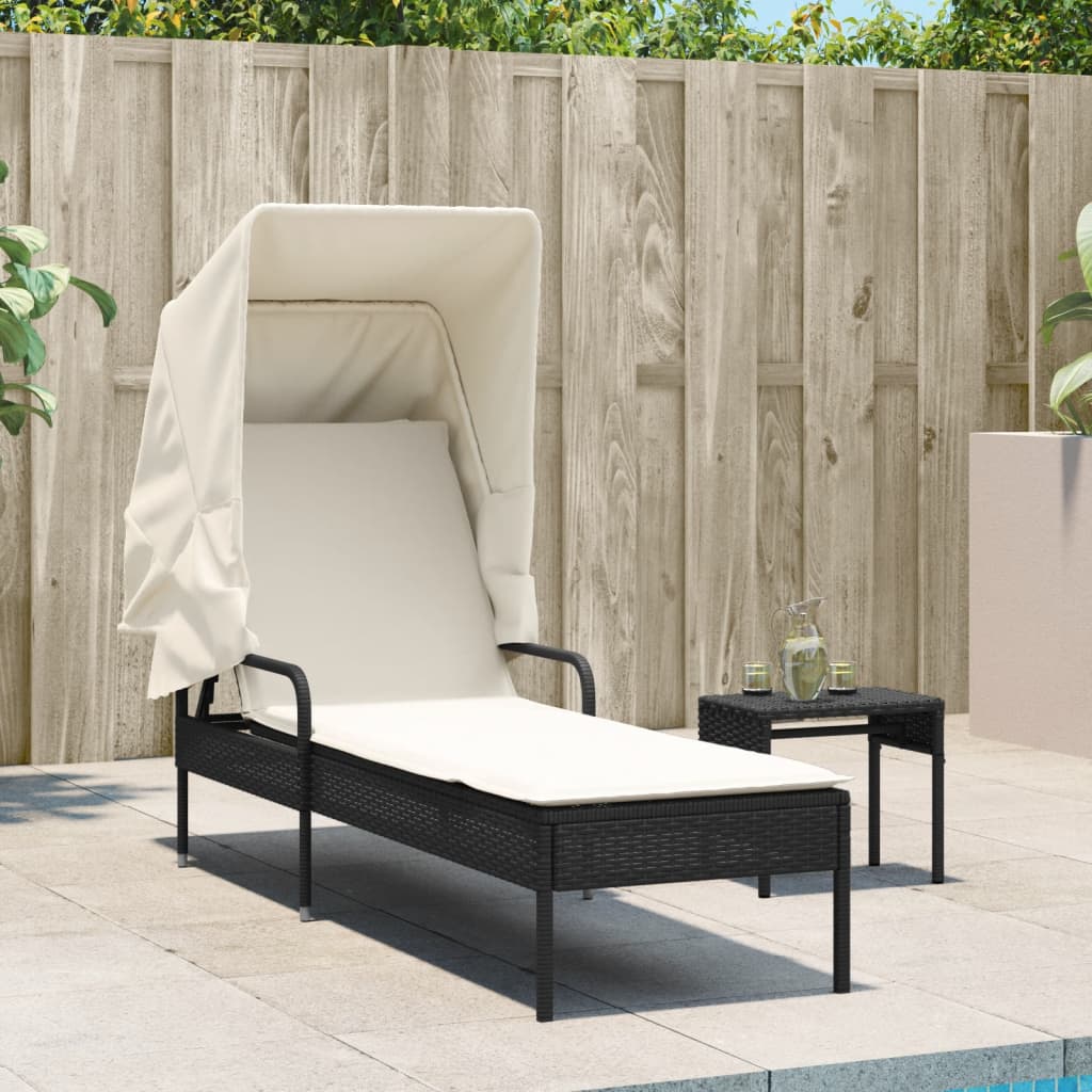 Sun lounger with canopy and table in black PE wicker