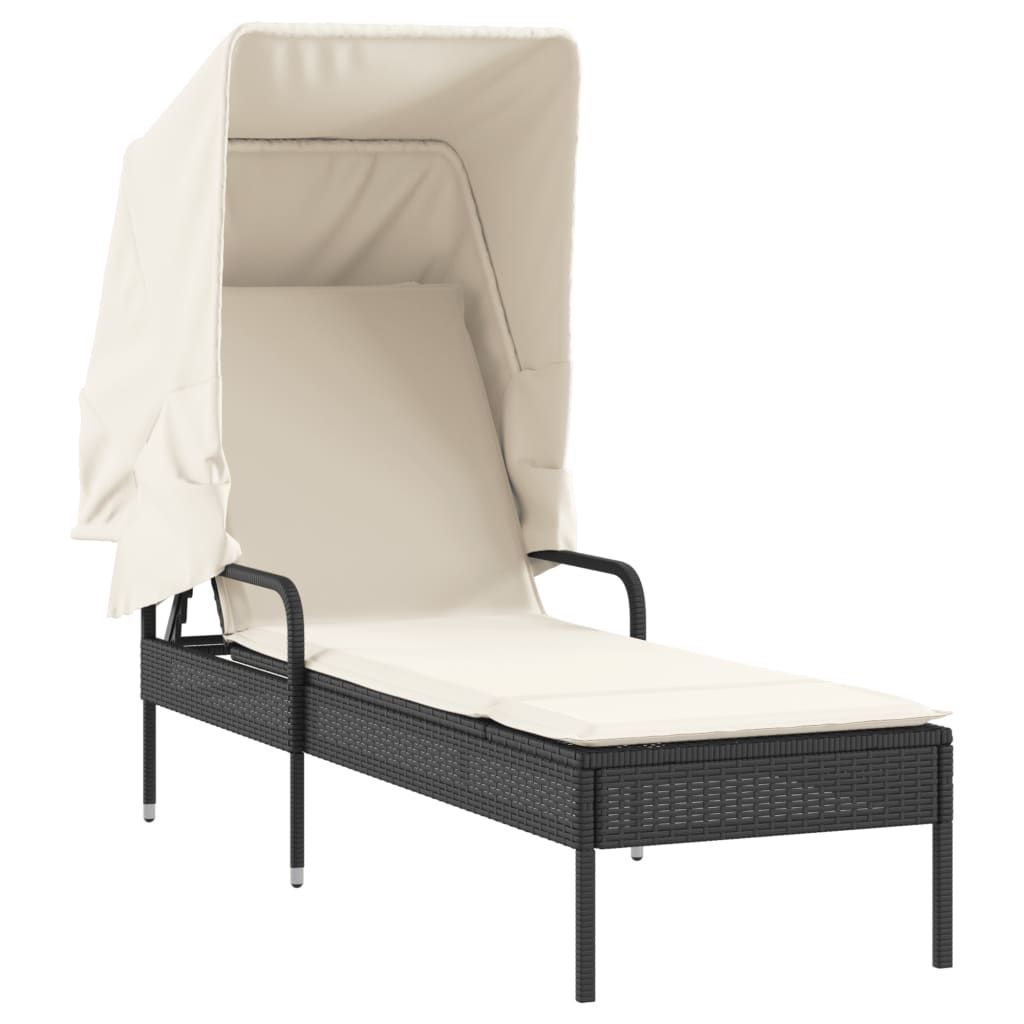 Sun lounger with canopy and table in black PE wicker