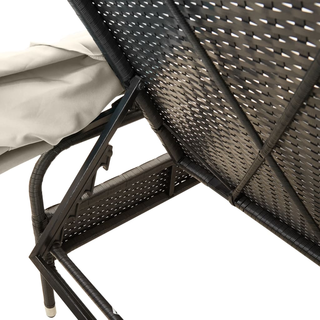 Sun lounger with canopy and table in black PE wicker