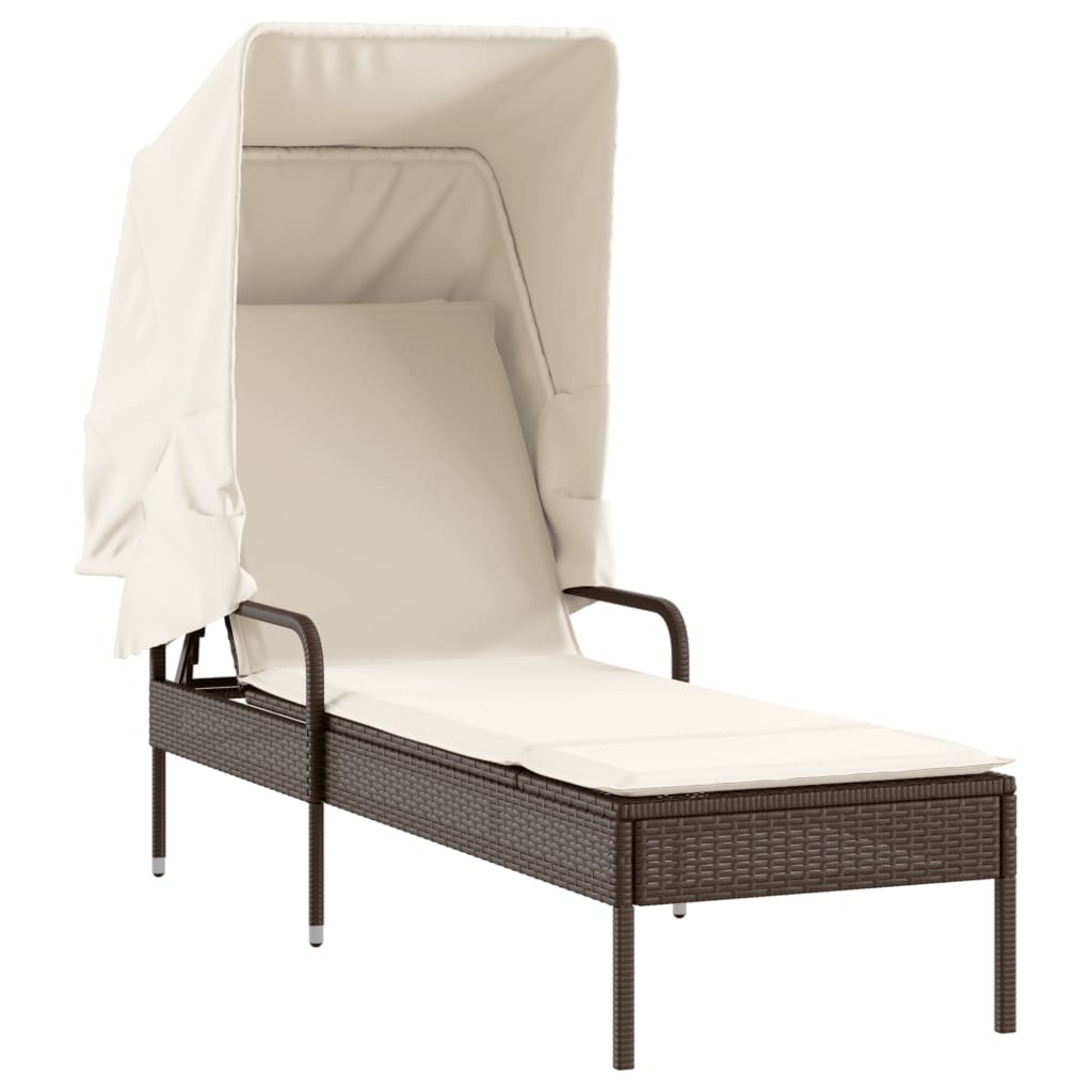 Sun lounger with canopy and table in brown PE wicker