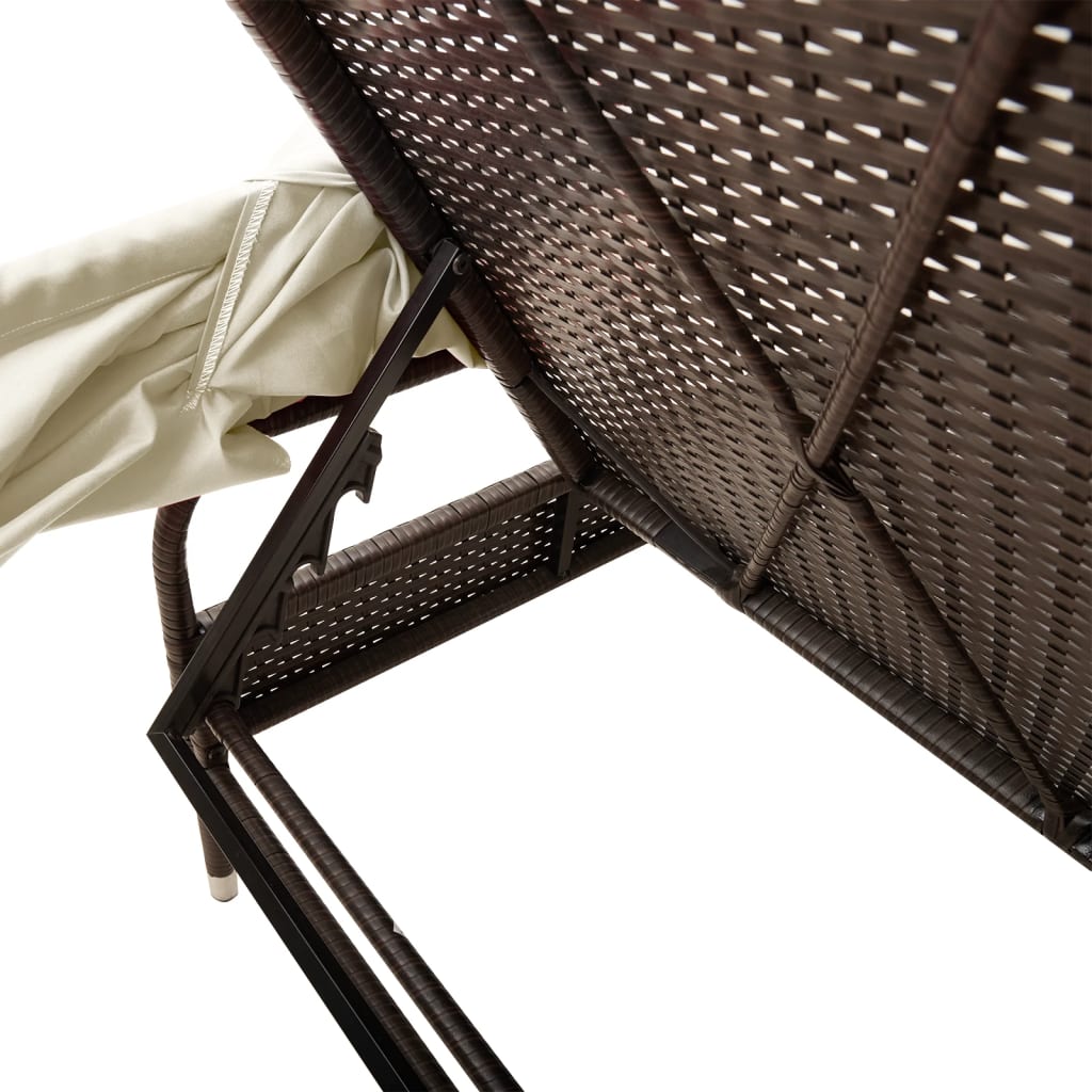 Sun lounger with canopy and table in brown PE wicker