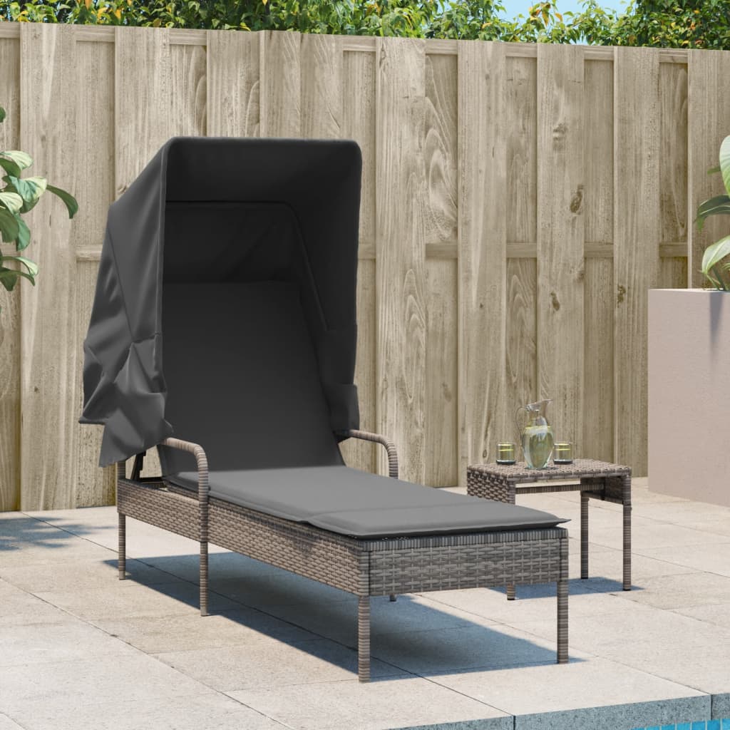 Sun lounger with canopy and table in grey PE wicker