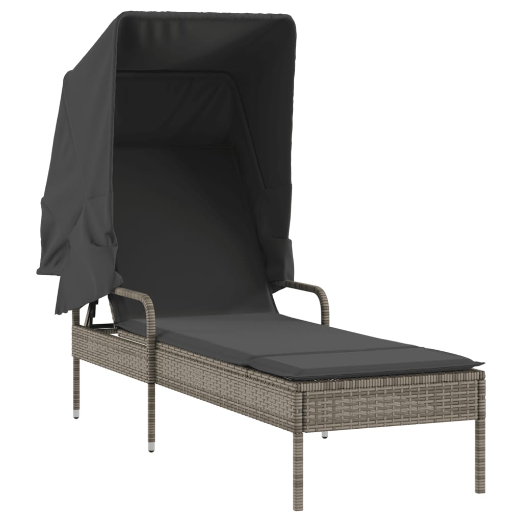Sun lounger with canopy and table in grey PE wicker