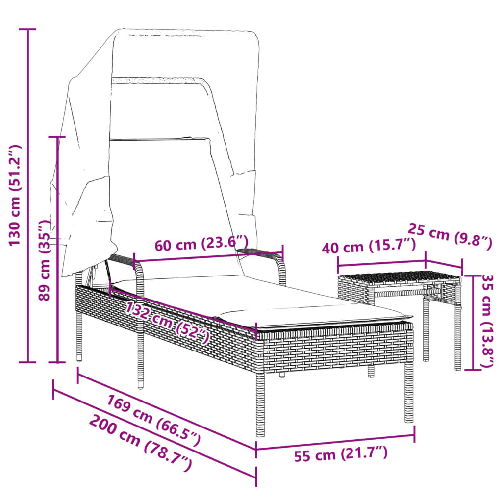 Sun lounger with canopy and table in grey PE wicker