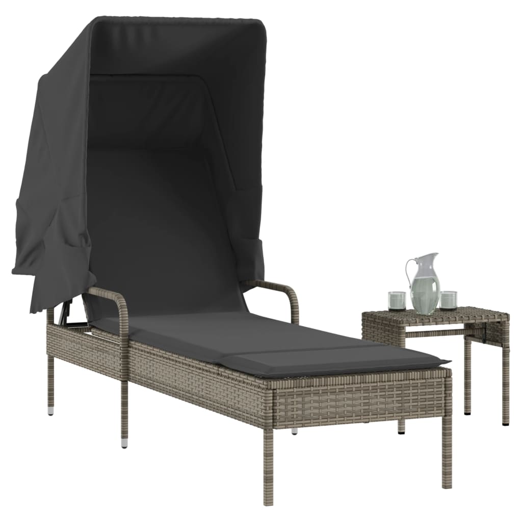 Sun lounger with canopy and table in grey PE wicker