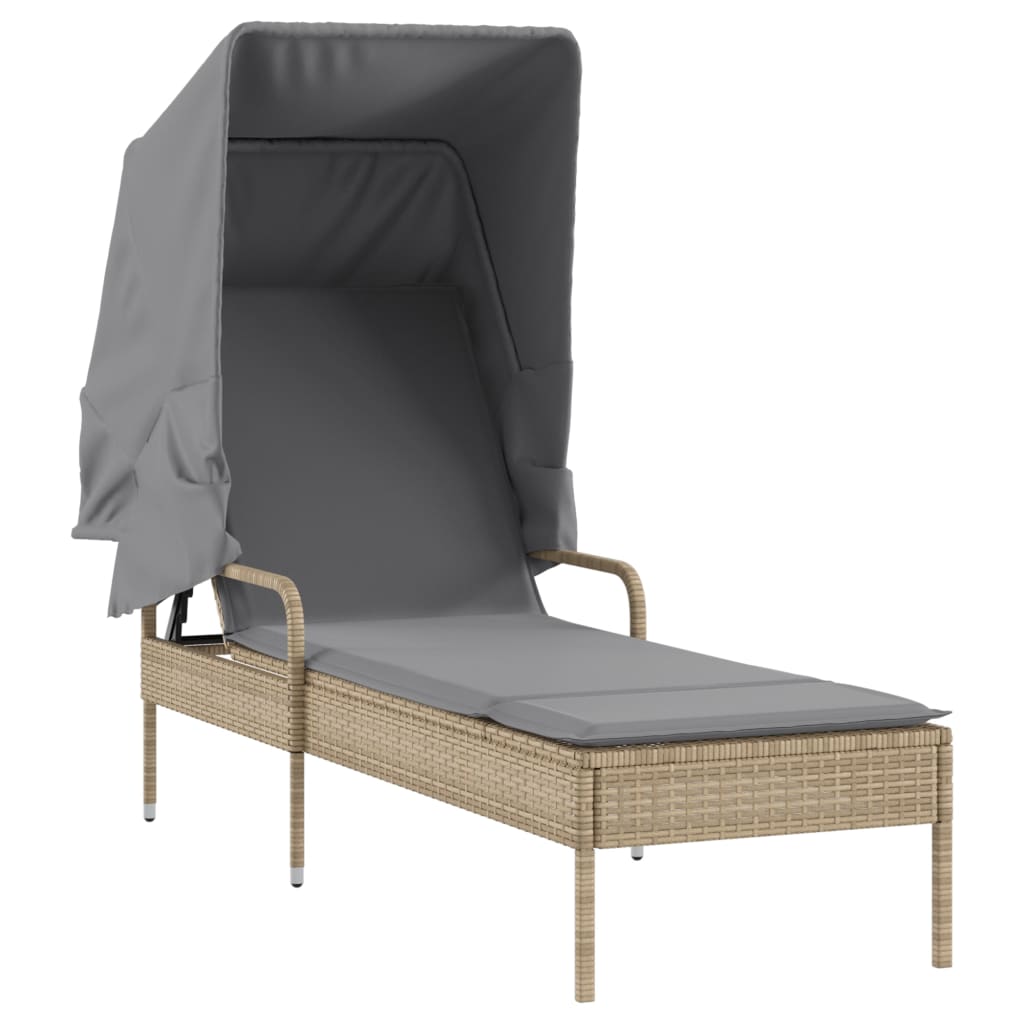 Sun lounger with canopy and table in beige PE wicker