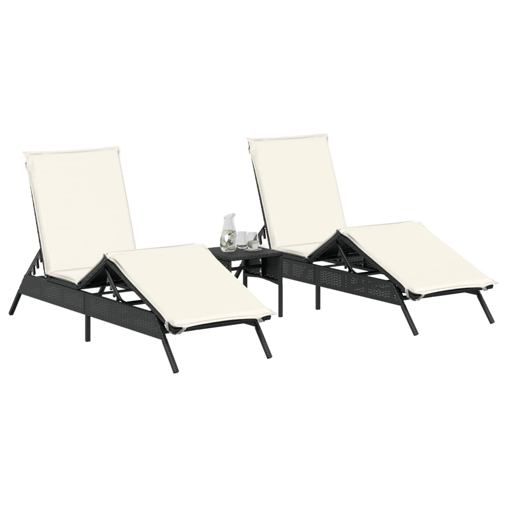 Sun loungers with table 2 pcs black PE rattan