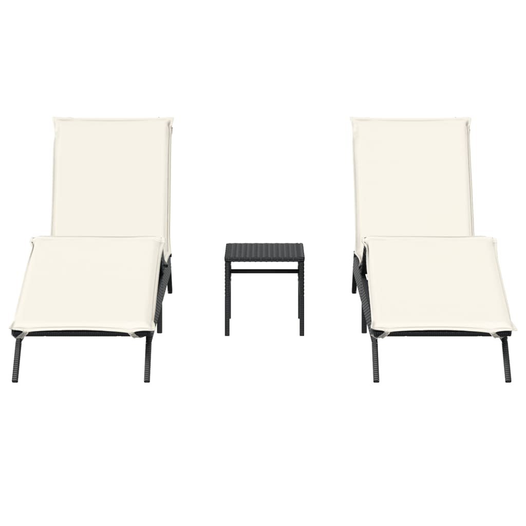 Sun loungers with table 2 pcs black PE rattan