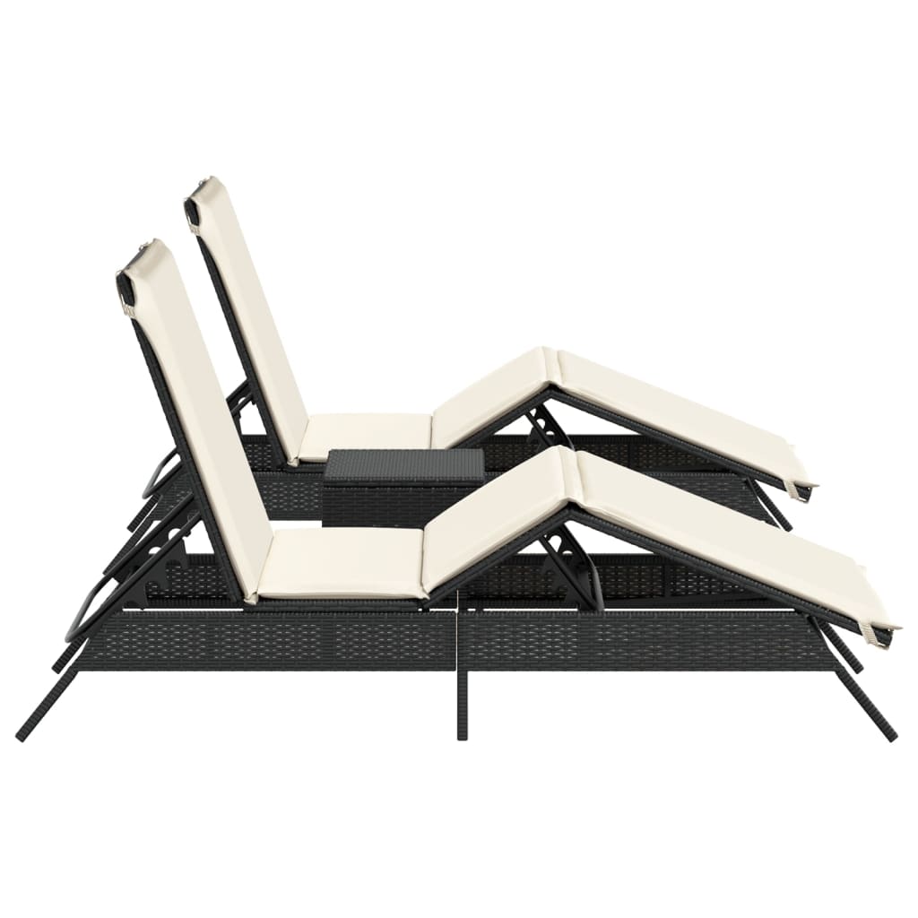 Sun loungers with table 2 pcs black PE rattan
