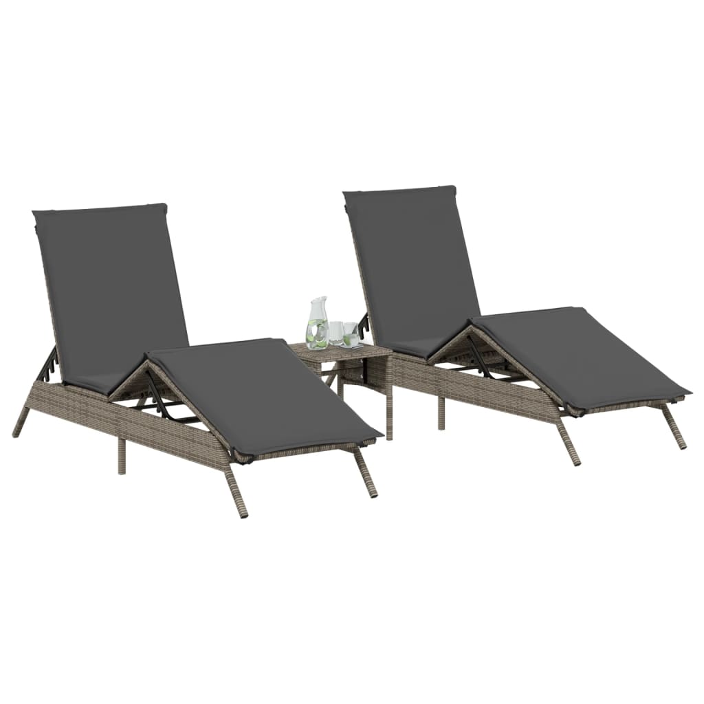 Sun loungers with table 2 pcs PE rattan grey