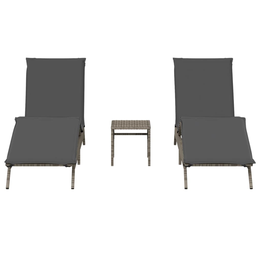 Sun loungers with table 2 pcs PE rattan grey
