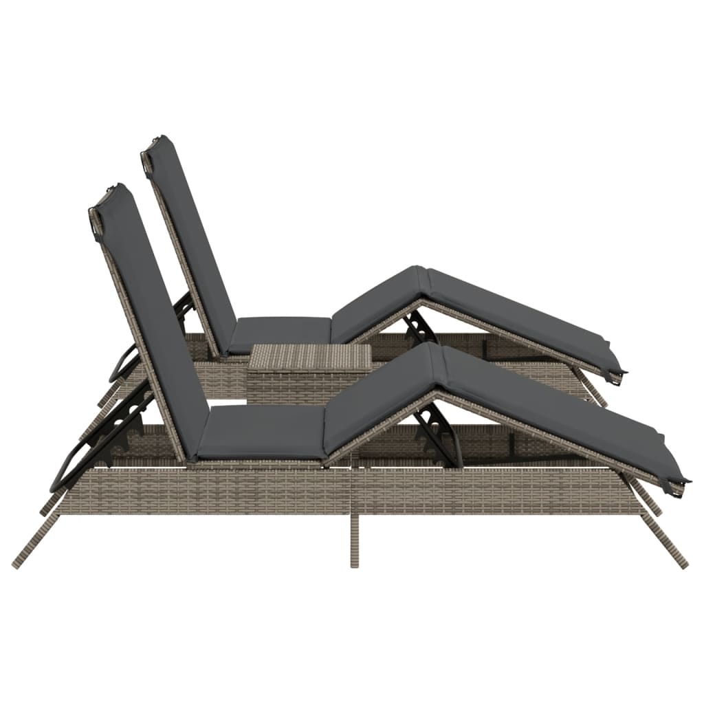 Sun loungers with table 2 pcs PE rattan grey