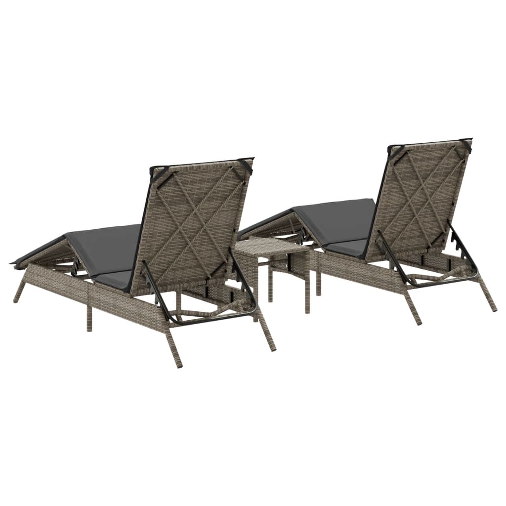 Sun loungers with table 2 pcs PE rattan grey