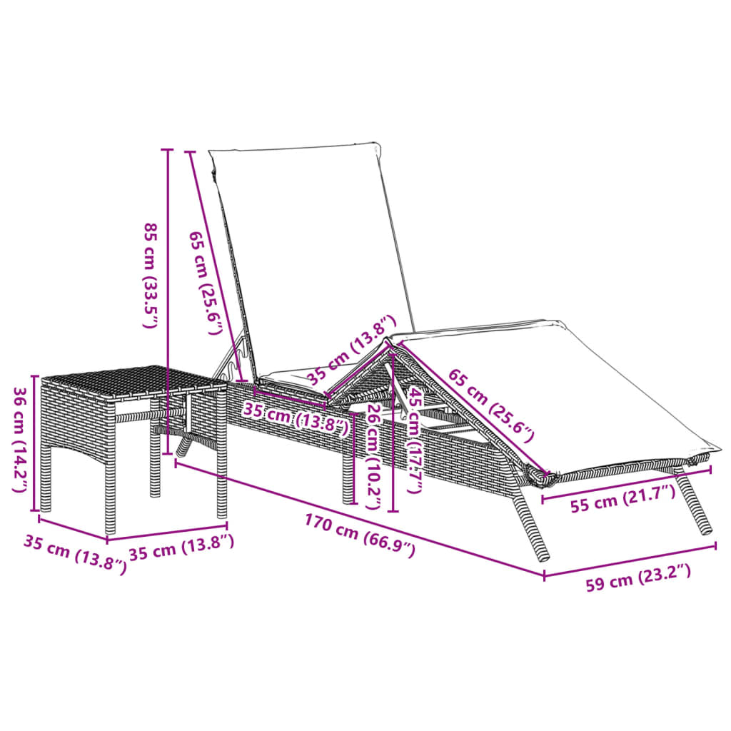 Sun loungers with table 2 pcs PE rattan grey