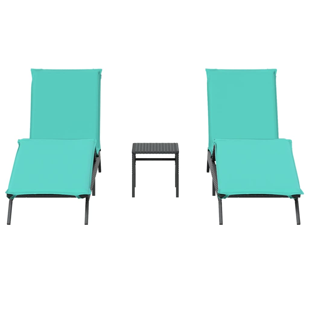 Sun loungers with table 2 pcs black PE rattan