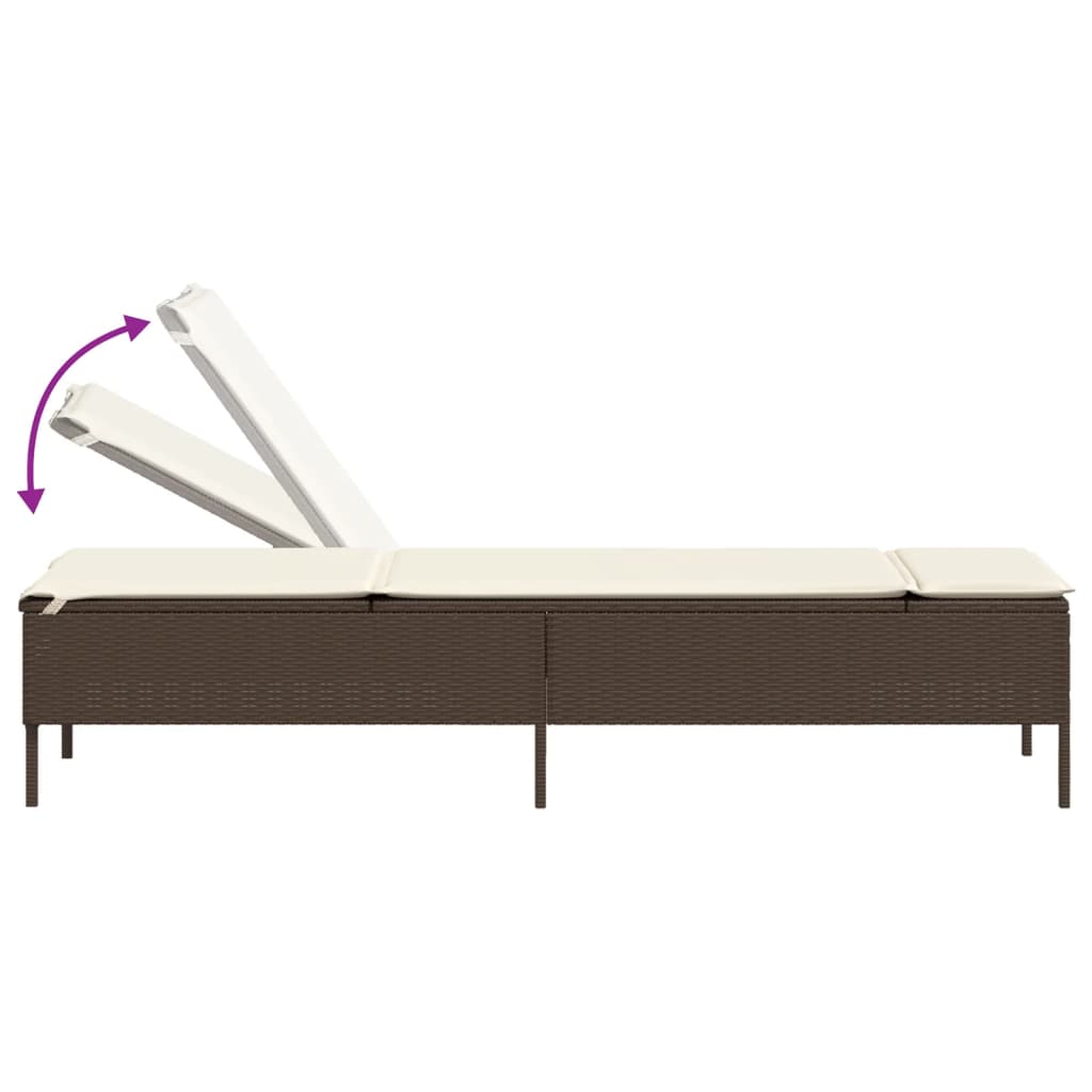 Sun lounger with table and cushion in brown PE wicker