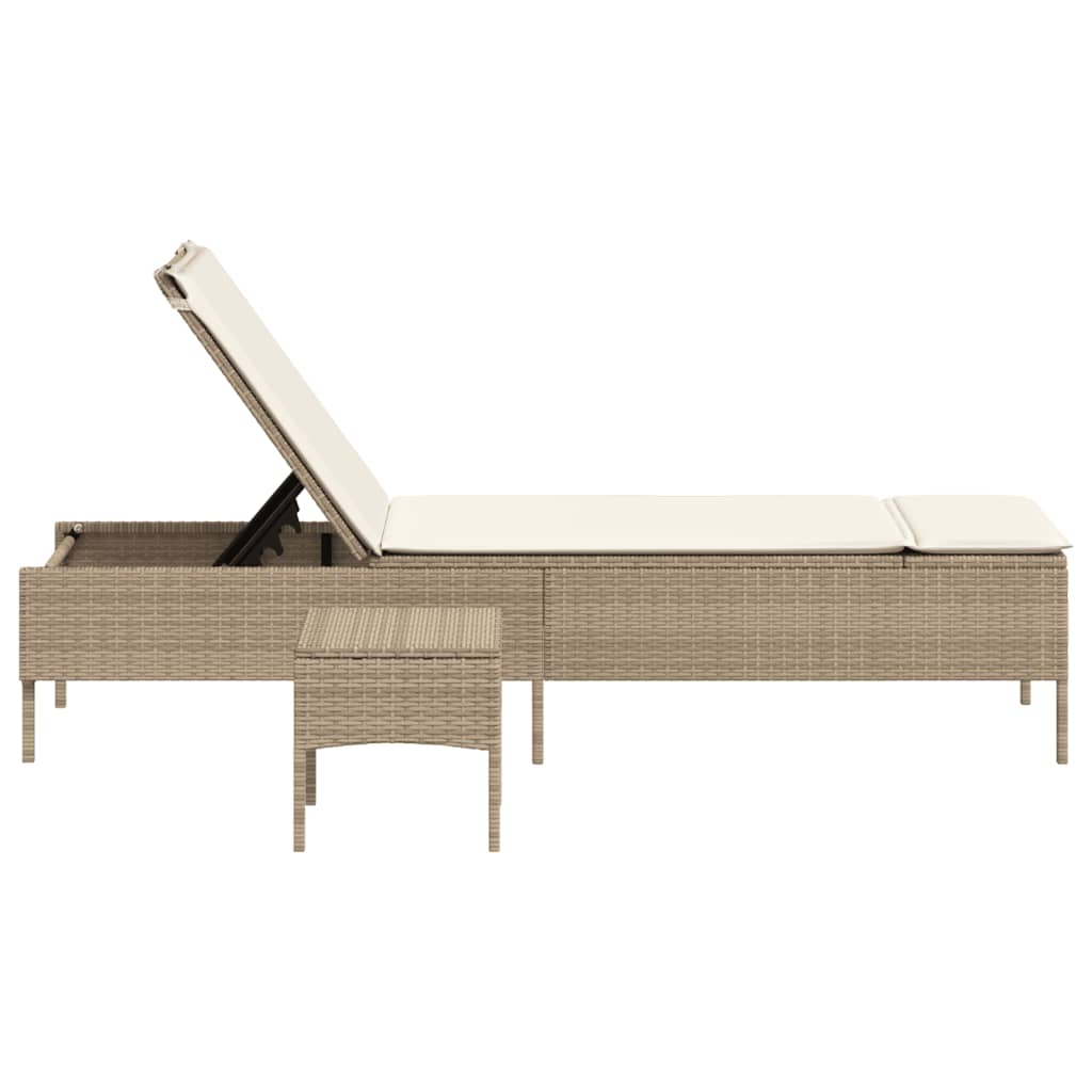 Sun lounger with table and cushion in beige PE wicker
