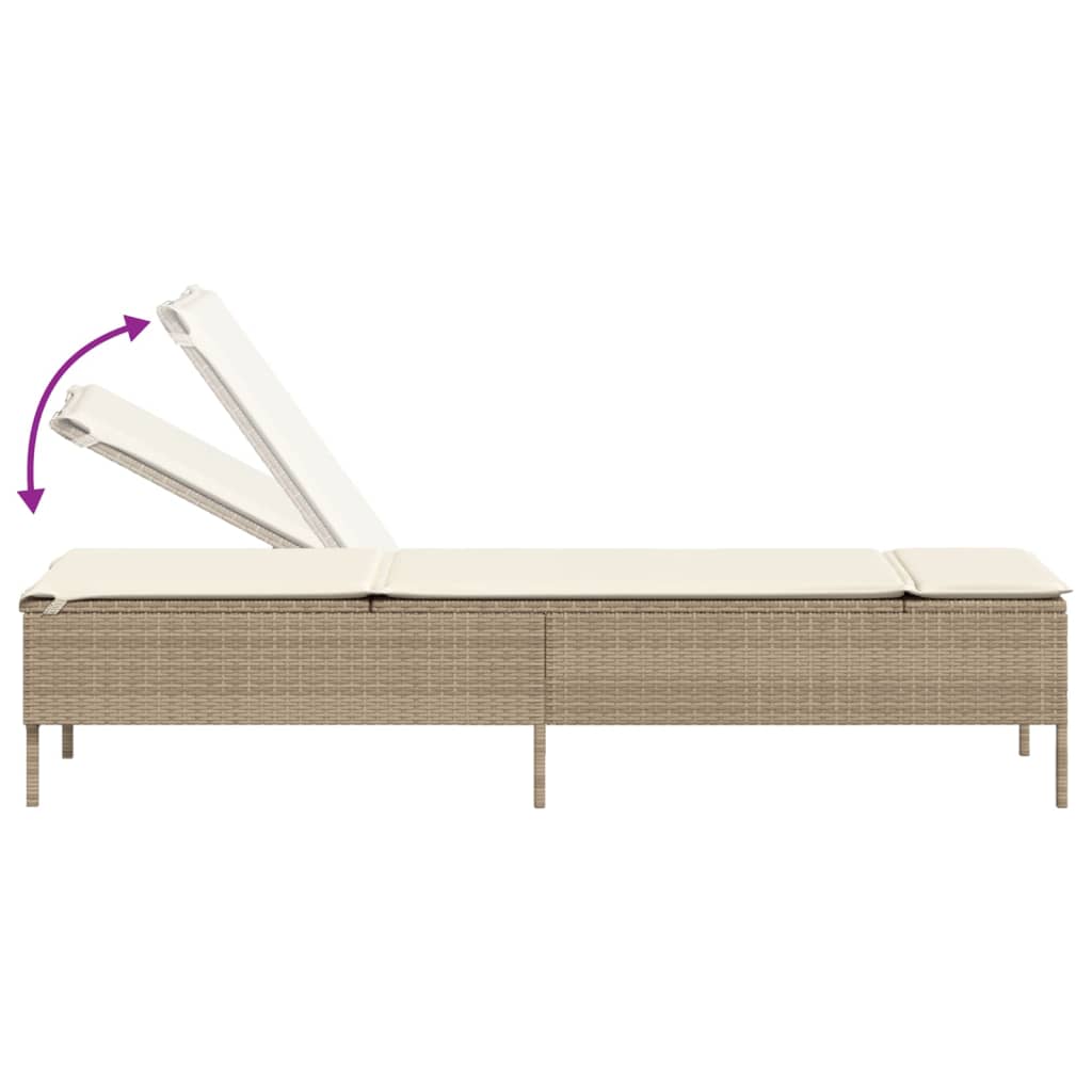 Sun lounger with table and cushion in beige PE wicker