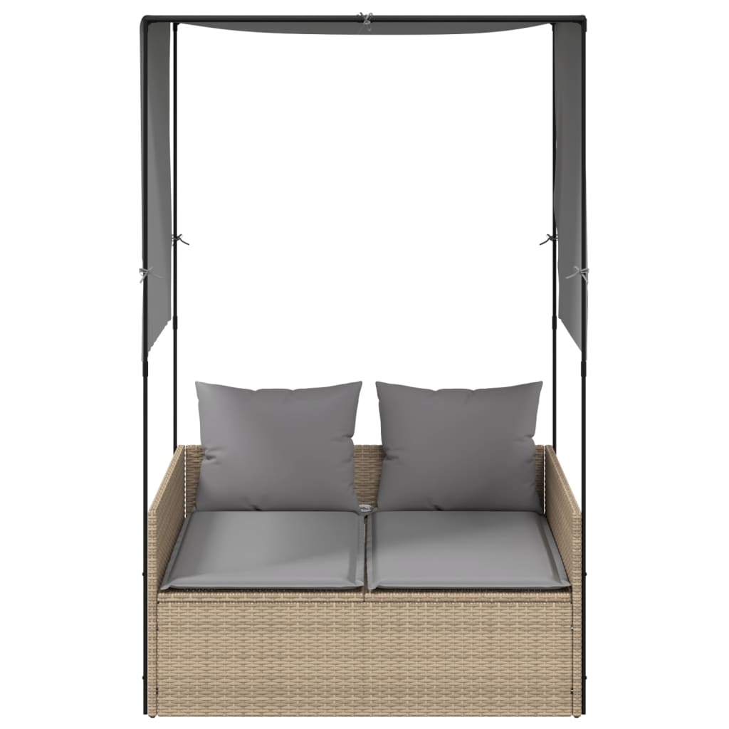 Double sun lounger with roof and curtains in beige PE wicker
