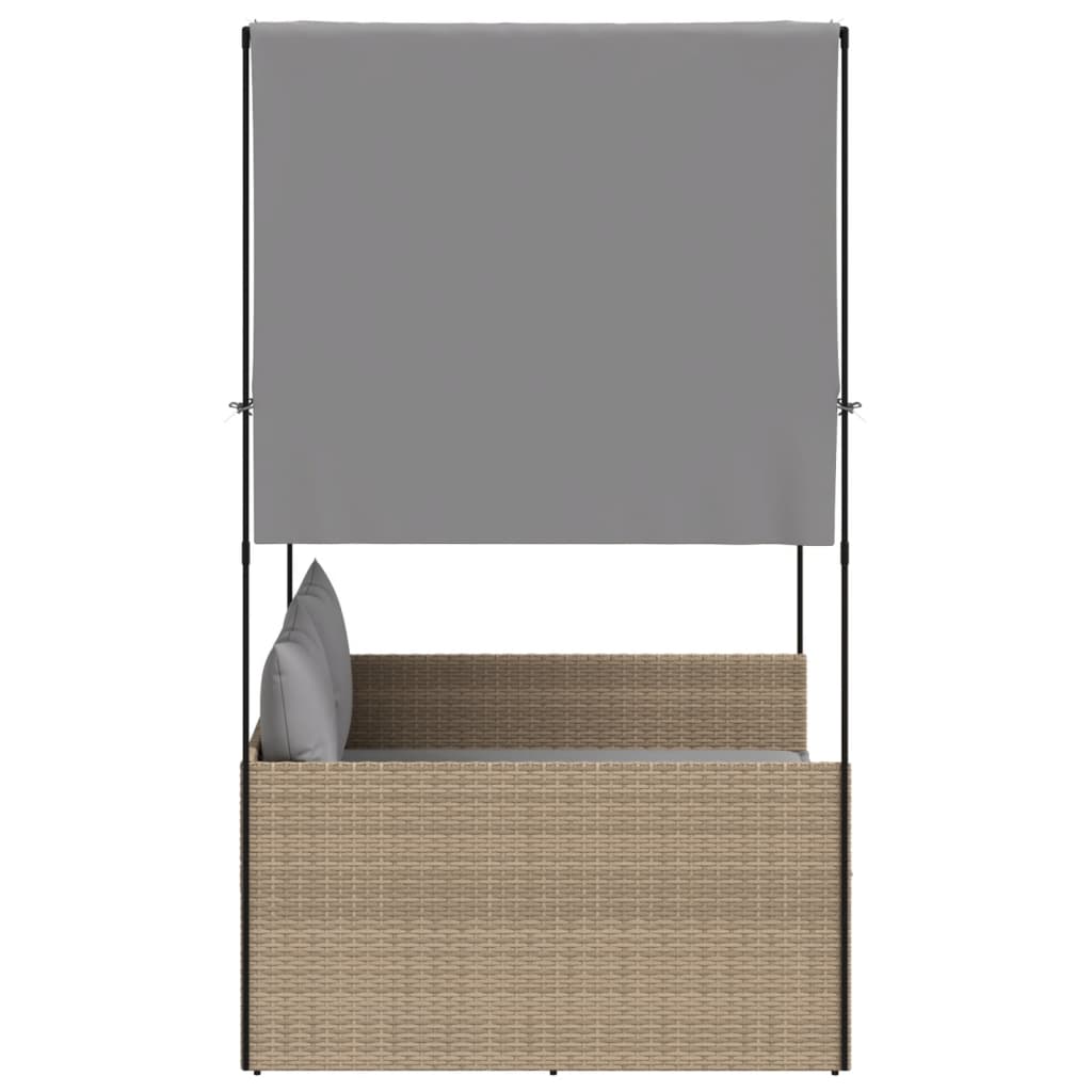 Double sun lounger with roof and curtains in beige PE wicker
