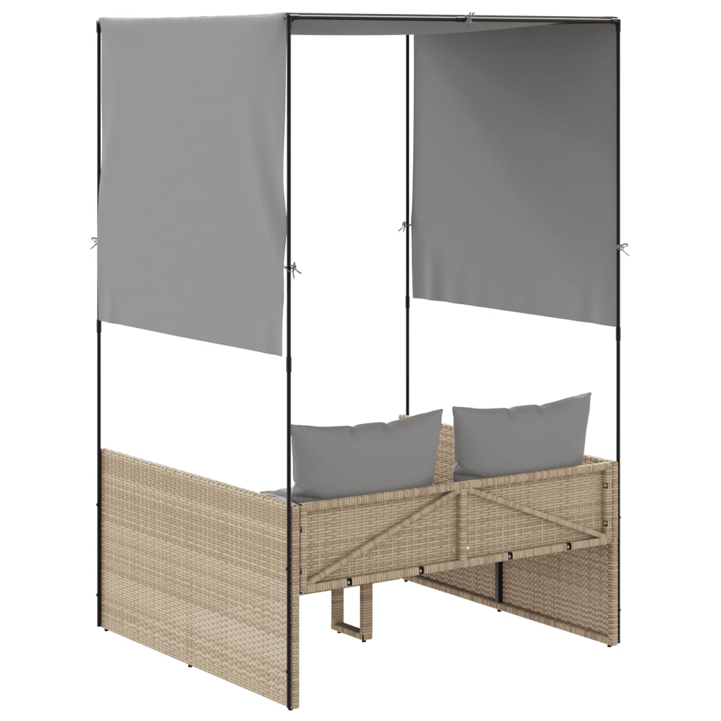 Double sun lounger with roof and curtains in beige PE wicker