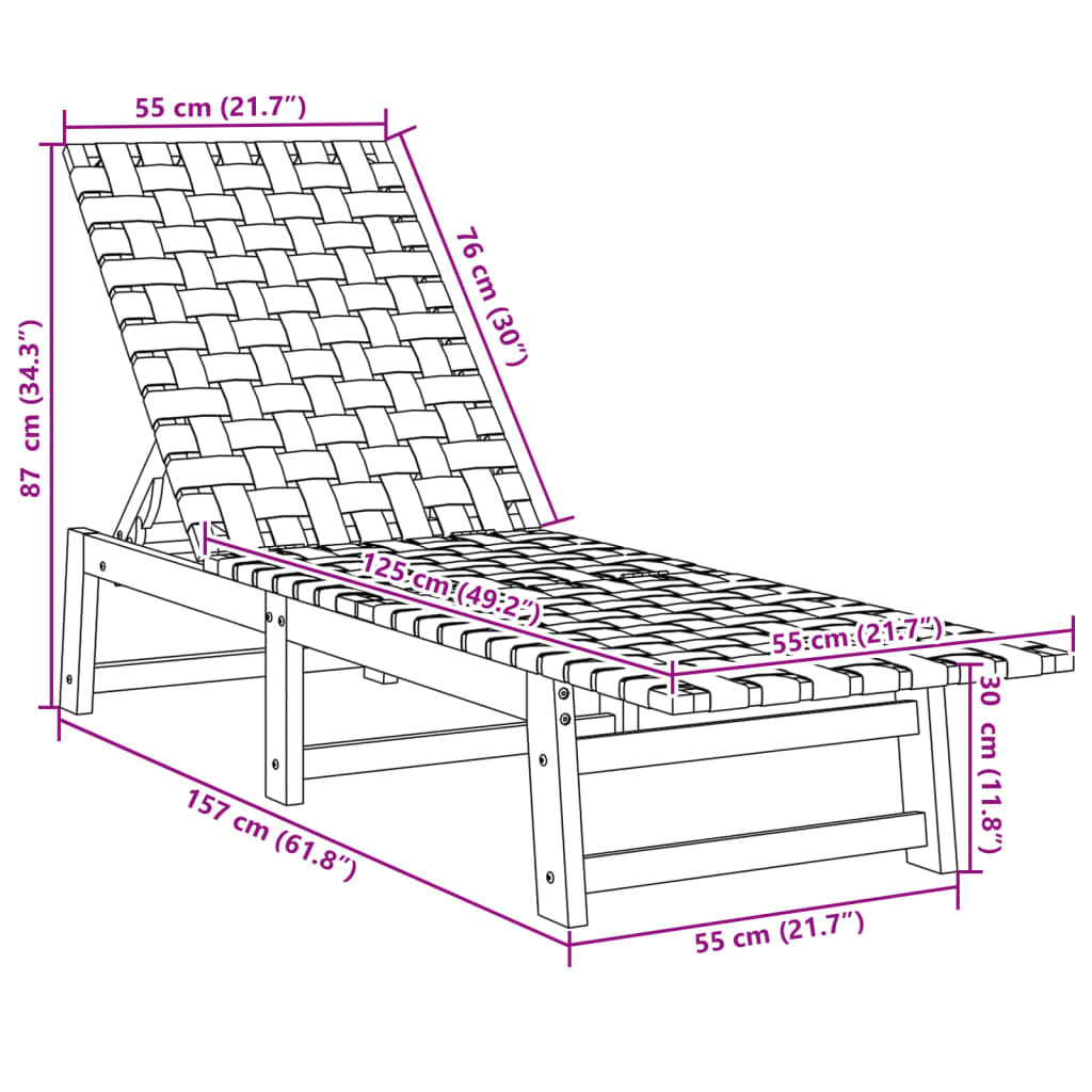 Sun lounger in solid acacia wood and dark blue fabric