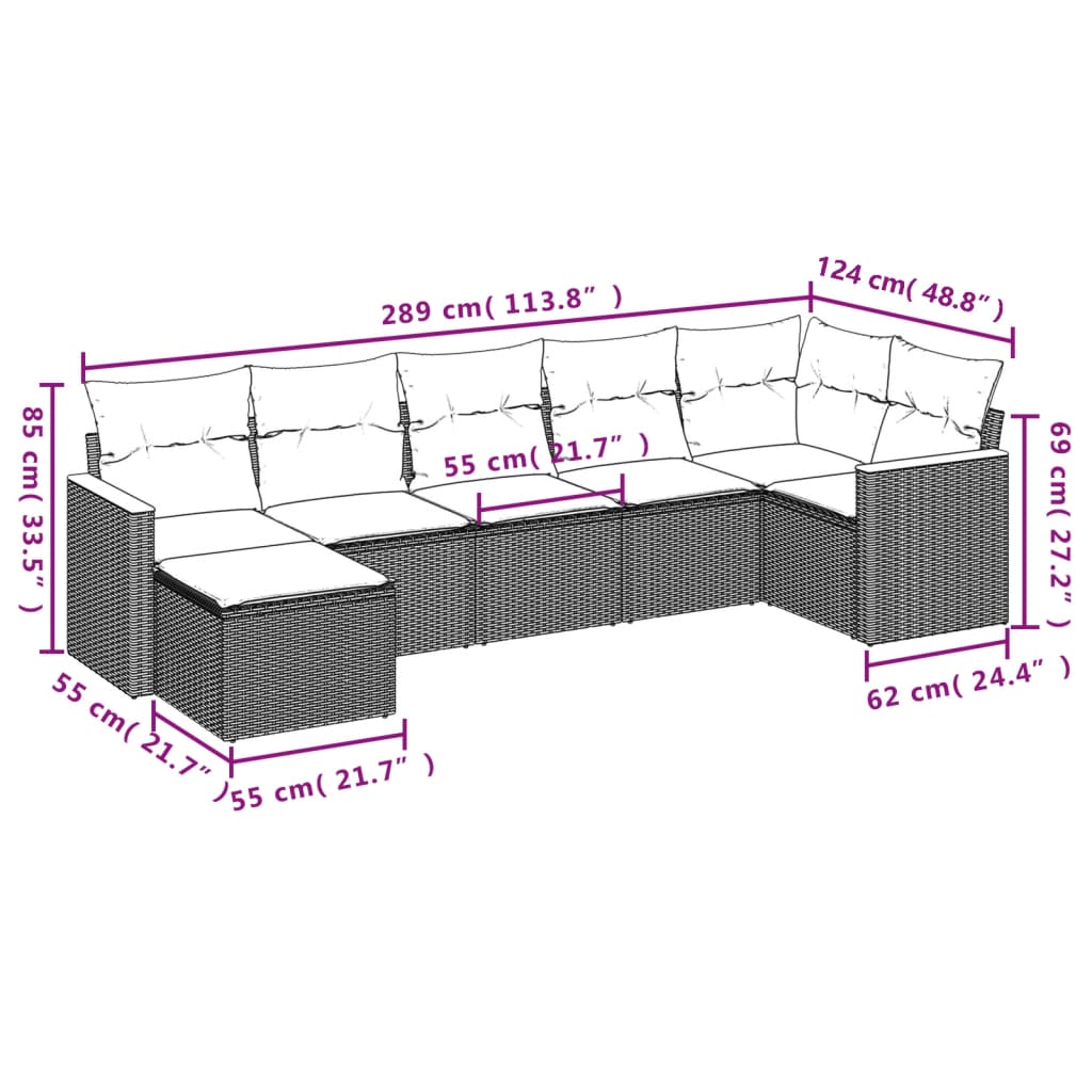 7 pcs conjunto sofás p/ jardim c/ almofadões vime PE cinzento