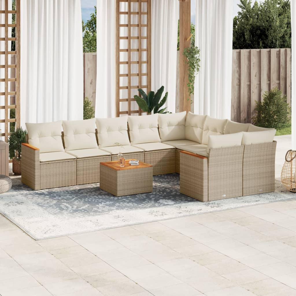 10 pcs conjunto de sofás p/ jardim com almofadões vime PE bege